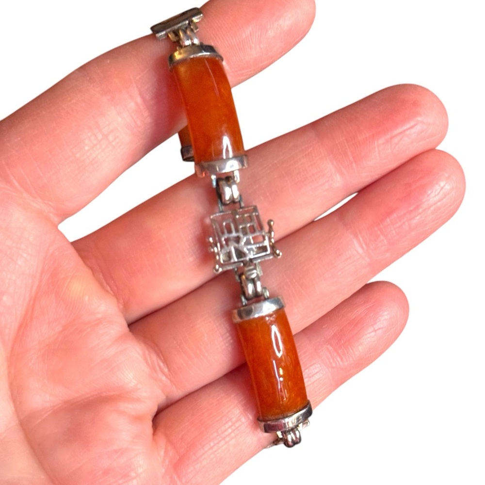 JADE Panel Bracelet STERLING SILVER GSI Hong Kong Orange Brown Link Bracelet